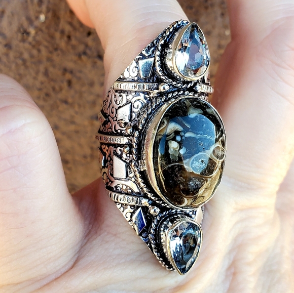 New Turtella Agate Fossil & White Topaz 925 Silver Statement Ring. - Picture 13 of 16